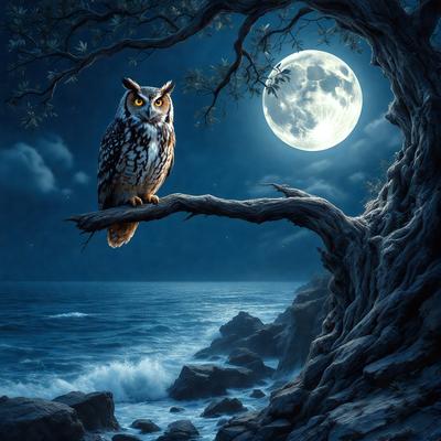 Primary subject: An owl perched on a tree branch.

Setting/background: The owl is perched on a tree branch in front of a moonlit night sky.

Visual style: The image is a digital art or illustration.

Colors and mood: The image has a dark and moody atmosphere, with the owl being the main focus. The moonlit night sky adds a sense of mystery and tranquility to the scene.
